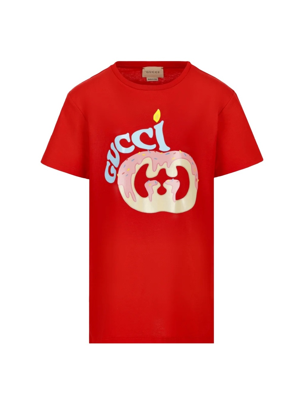 Gucci Red T-Shirt with Cream-Pink Logo Candle Graphic